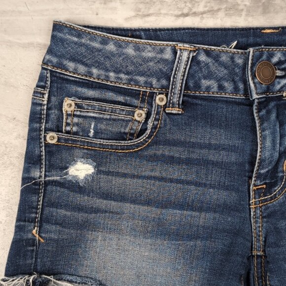 AEO American Eagle Low Rise Denim Shorts Distressed Cut Off Super Stretch - Picture 2 of 10